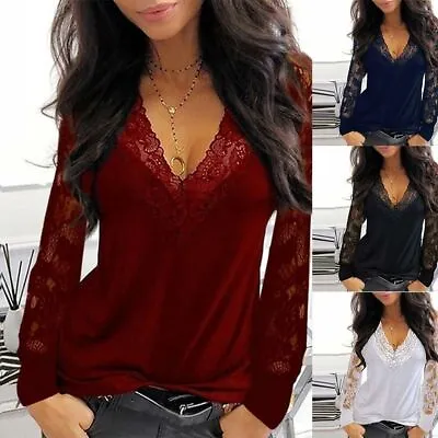 $13.68 • Buy ⭐⭐⭐⭐⭐Women's Lace V-Neck T Shirt Loose Casual Blouse Long Sleeve Summer Tops