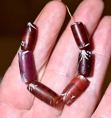 Antique Venetian Red Lampwork Trail Deco Minimalist Feather Beads African Trade • $46