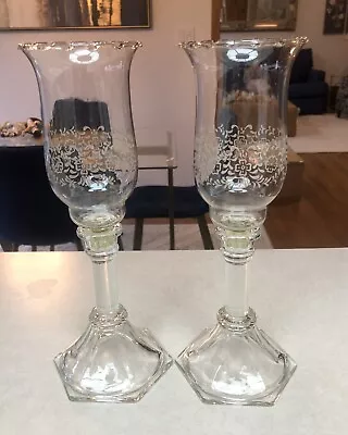 2 Vintage HOMCO Etched Glass Floral Hurricane Chimney CANDLE HOLDERS • $44.66