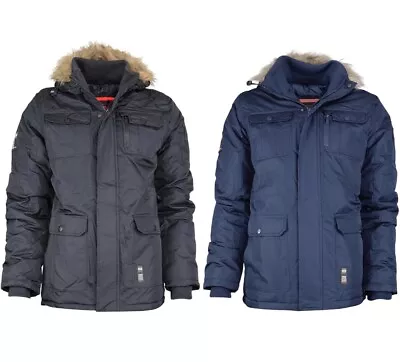 Men Crosshatch Shower Resistant Parka Fleece Fur Hood Winter Jacket Warm Coat • £39.99