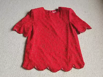 Womens Top-VALERIE STEVENS-Vintage Red Silk Beaded Lined Scalloped Edging Ss-6 • $6.99