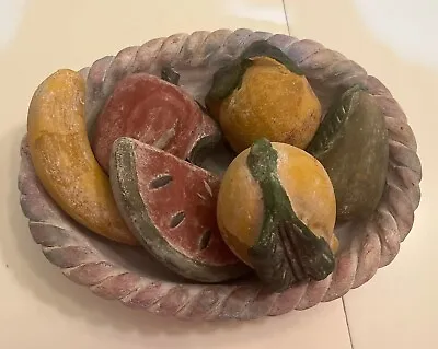 Vintage Terra-Cotta ￼Mexican Clay Pottery Braided 12” Bowl With  6 Pieces Fruit • $47.59