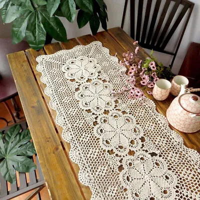 Vintage Hand Crochet Cotton Lace Table Runner Dresser Scarf Doily Wedding Decor • $11.39