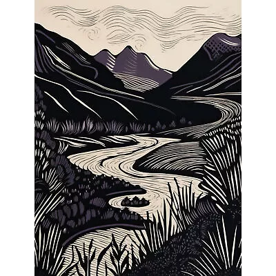 Mountain River Landscape Purple And Black Linocut Huge Wall Art Print 18X24 In • £15.99