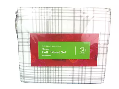 Martha Stewart 100% Cotton Flannel 4 Piece Sheet Set Grey & White Plaid Full $80 • $44.99