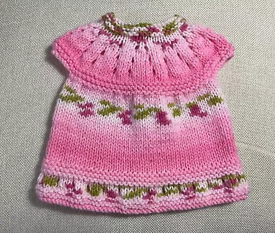 A Hand Knitted Dolls/ Premature Baby Short Sleeved Dress Chest 32cms • £5