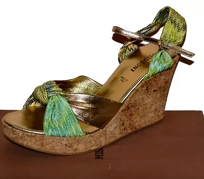 £134.56 • Buy MISSONI Platform Cork Wedge Platform Sandals Gold Trim  Italy Shoes  Sz US 10