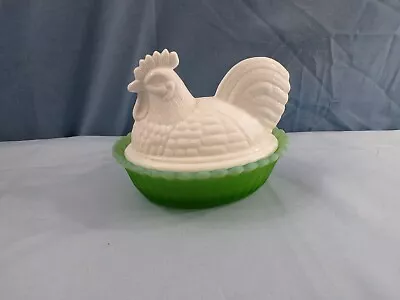 Westmoreland Rooster On The Nest Covered Candy Dish Green Satin & Milk Glass • $11.99