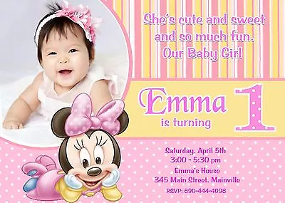 Minnie Mouse First Birthday Baby One Year Birthday Party Invitation • $8.99