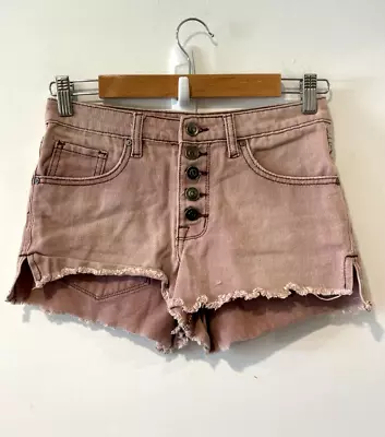 Supre Denim Shorts Womens Size 6 Brown Fringe Buttons HotPants Slit Pockets Zip • $19.30