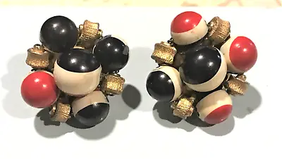 Lovely VTG Les Bernard Clip Earrings  Gold Tone ? Bakelite Red Black White Balls • $25