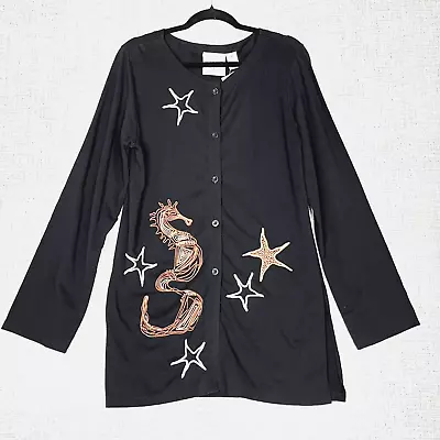Michael Simon New York Sweater Womens M Black Embroider Seahorse Knit Button Up • $30