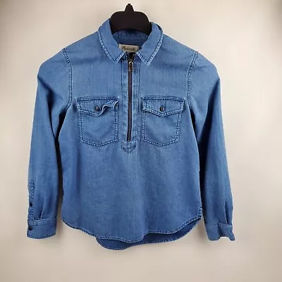 Madewell Womens 1/2 Zip Denim Shirt Long Sleeve Pullover Blue Small 100% Cotton • $19.95