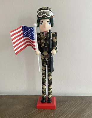 Wooden Soldier Military Nutcracker 15” Tall W/American Flag Hat & Goggles • $29.99
