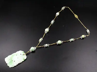 Antique Art Deco 14K Gold Chinese Export Carved Jade Quartz Crystal Necklace • $1299