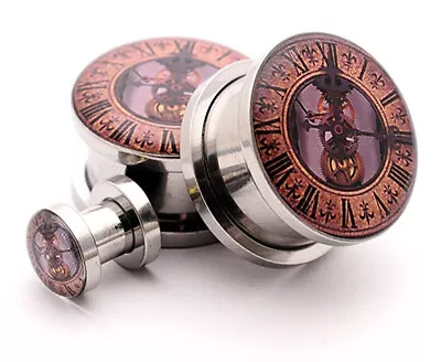 Pair Of Screw On Steampunk Clock Style 2 Picture Plugs Gauges 16g Thru 1 Inch • $11.99
