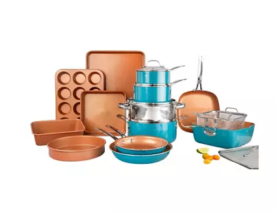 Blue 20pc Set Bakeware Cookware Pans Nonstick Pots Kitchen Baking Copper Ceramic • $192.07