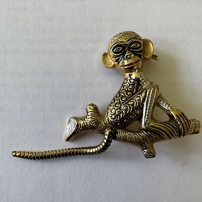 Vintage Large MONKEY PIN Chimp BROOCH Gold Tone Dangling Tail SPAIN 60's 70's • $40