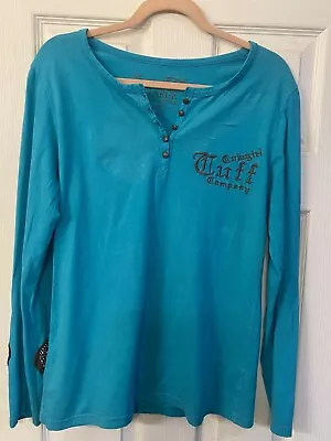 Cowgirl Tuff Size XL Cross Embellished Embroidery Sleeve Turquoise Shirt • $12.99