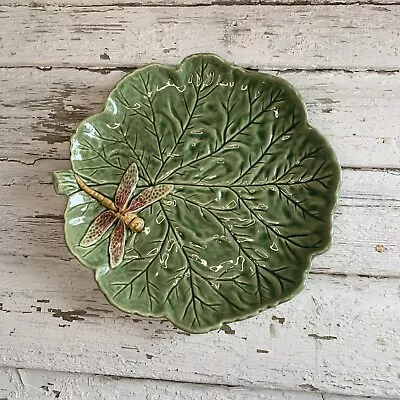 11 3/8  BORDALLO PINHEIRO Cabbage Leaf Platter Plate DRAGONFLY~ Green~ Excellent • $26