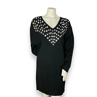 Vintage Sweater 80s Jewels Funky Long V-Neck Fancy Christmas Embellished Women • $22.20