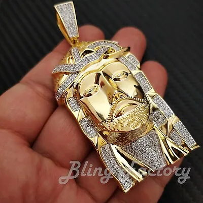 Hip Hop Iced Gold Silver Pt Brass Micro Pave Bling Jesus Head Bust Down Pendant • $49.99