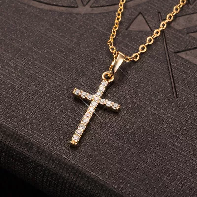 Crystal Cross Pendant Necklace Chain Crucifix Rhinestone Jewellery Men Women UK • £5.99