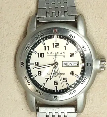 Large Mens Coleman Watch W/ Month Day; Ss Band; Water Resistant; 40-500  Works! • $14