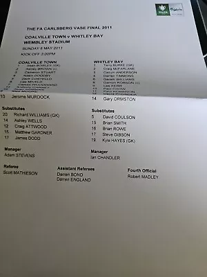 £3.90 • Buy COALVILLE TOWN V WHITLEY BAY THE FA CARLSBERG VASE FINAL WEMBLEY 2011 TEAMSHEET 