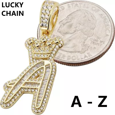 925 Sterling Silver Gold Icy Initial Letter A-z Pendant Moon Cut/franco Chain L1 • $28.99