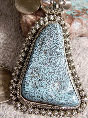 New Kingman Turquoise Black Web Sterling Silver Pendant Navajo Russell Sam • £2362.62