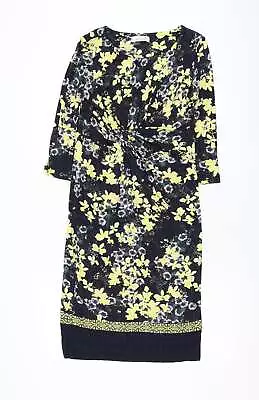 Marks And Spencer Womens Black Floral Viscose Pencil Dress Size 12 Round Neck Pu • £4.75