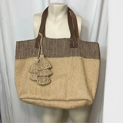 J. Jill Tan Jute Tote Bag Leather Strip • $35