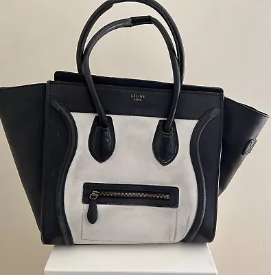 CELINE LUGGAGE Mini Hand Tote Bag Canvas Leather Black Ivory Italy • $450