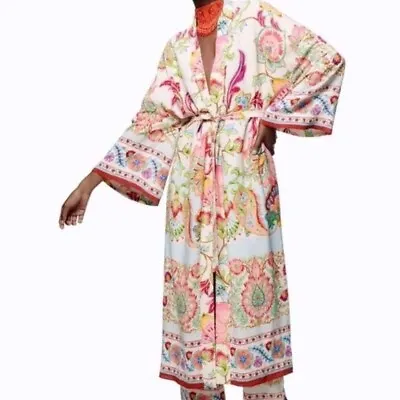 NWT Zara Floral Kimono Robe Wide Sleeves Lined In Satin Fabric Self Tie Sash XL • $99