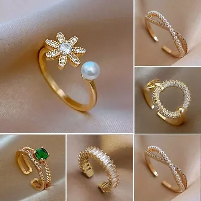 Crystal Flower Pearl Heart Open Ring Zircon Finger Ring Wedding Women Gift • $1.53