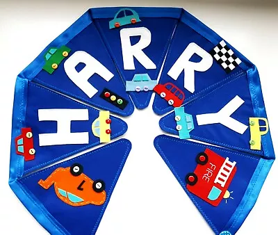 £3.25 • Buy Handmade Personalised Fabric Car Bunting Boy Name - Nursery/Bedroom