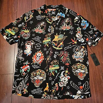 Ed Hardy Traditional Black Flashboard Camp SS Button Up Shirt Men’s M NWT  • $32