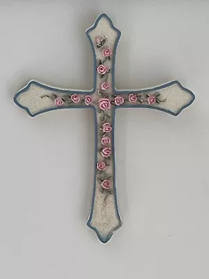 Vtg Pink Rose Vine Resin White Cross Blue Trim Wall Hanging Religious Decor 7.5” • $9.99