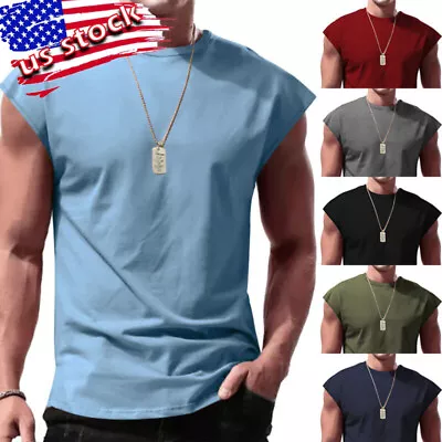 US Men Workout Tank Tops Sleeveless Round Neck Gym Bodybuilding Cut Off T Shirts • $13.79