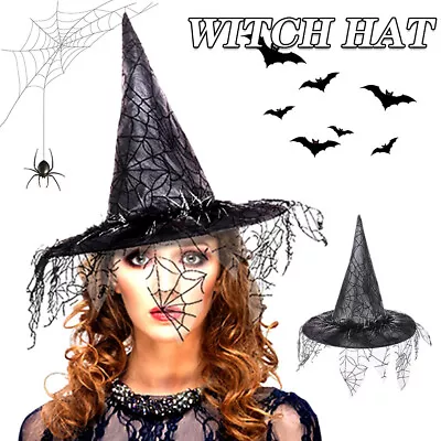 Halloween Witch Hats With Spider Web Veil Women Party Hats Wizard Hat Headdress • £6.89