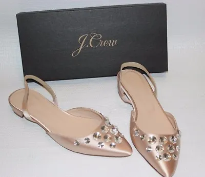 JCrew $178 Embellished Satin Slingback Flat 8.5 G7995 Faded Blossom /Pink Shoes • $65.99