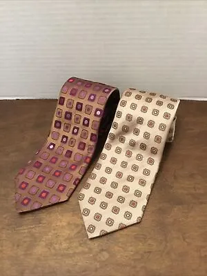 100% Silk Neck Tie Lot Of 2 Zara Man Beige Brown Squares Red Purple Dots Ties 5’ • $19