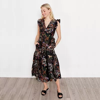 Ex Oliver Bonas Womens Safari Frill Sleeve Wrap Black Midi Dress Size 6 - 18 • £29.95
