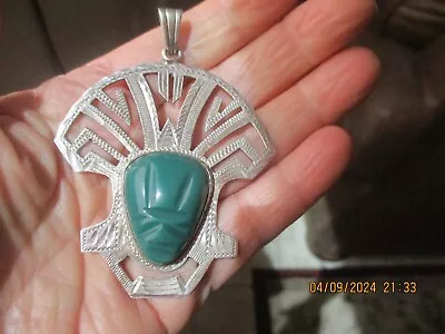 Vintage Taxco Sterling Silver Aztec Mayan Carved Face Jade?malachite? 21 Grams • $24.95