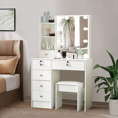 White Dressing Table Set With LED Lights 6 Drawers Mirror Bedroom Makeup Desk UK • £142.82