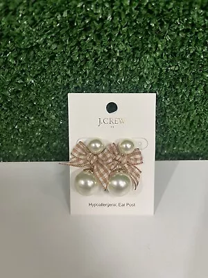 J Crew Brown Checkered Bow Pearl Earrings NWT Brand New • $32