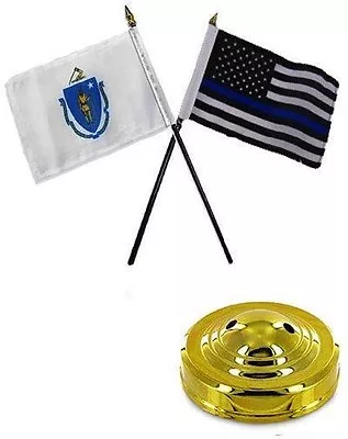 Massachusetts State & USA Police Blue 4 X6  Flag Desk Set Table Stick Gold Base • $8.44