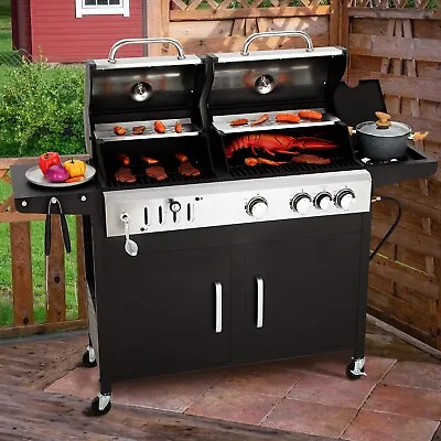 Dual Fuel BBQ Grill Propane Gas & Charcoal Grill With Side Burner Outdoor Black • $379.99