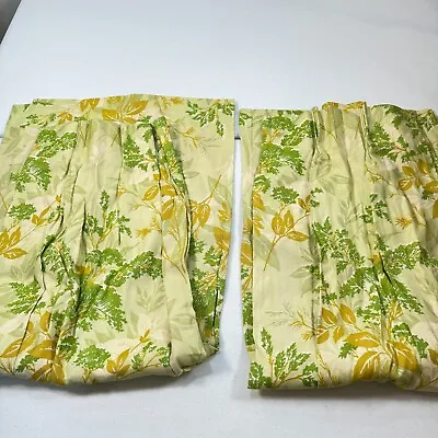 Vintage Pinch Pleat Drapes Curtain Panel Pair Green Floral Leaves Mcm Retro Boho • $123.75